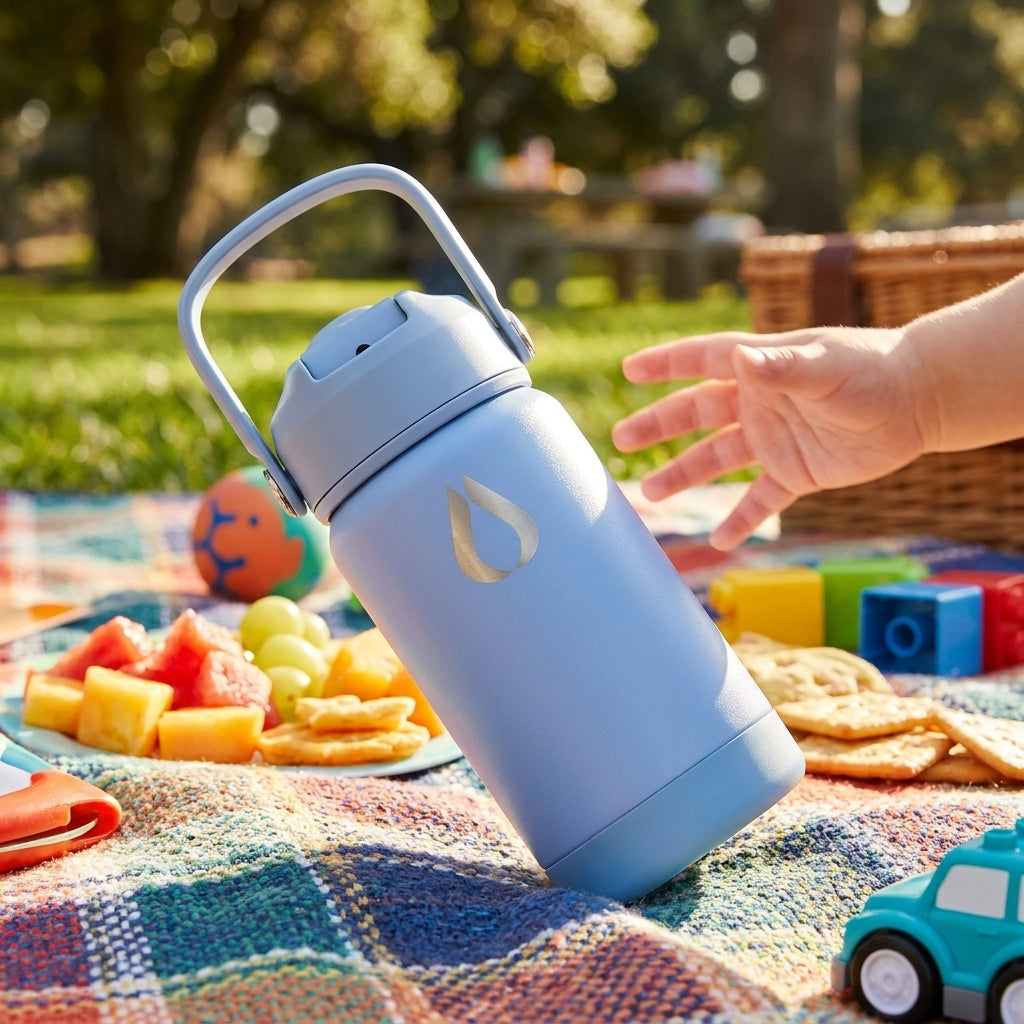 Børneflaske  - 350ML - Blå | Capture a vibrant, high-energy outdoor scene featuring this water bottle as the star of a playful moment.